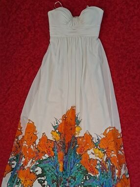 Aidan by Aidan Mattox White Maxi Dress with Orange & Teal Floral Hem